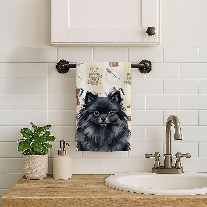 Caroline's Treasures Black Pomeranian Coffee Bar Kitchen Towel Velour Plush Front and Cotton Loop Back Machine Washable