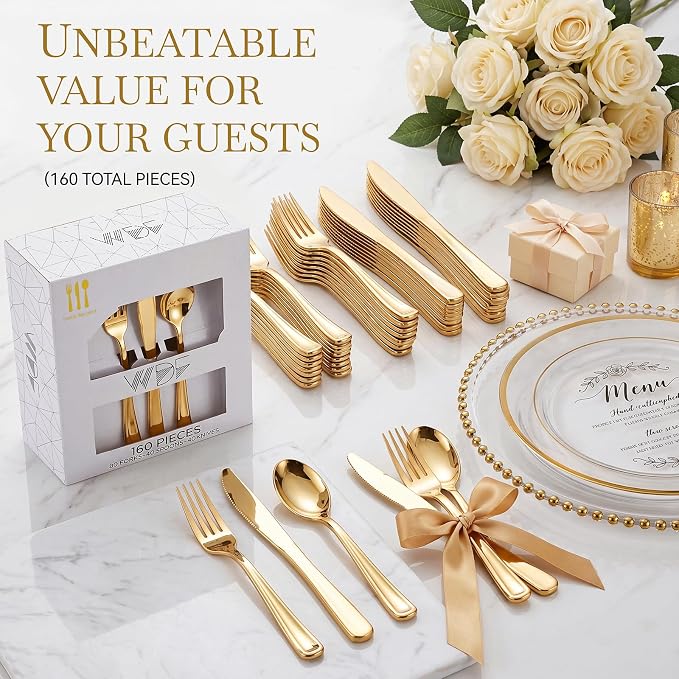 WDF 160 Piece Gold Plastic Silverware - Heavy Duty Gold Silverware Includes 80 Forks, 40 Spoons, 40 Knives, Plastic Utensils Perfect for Wedding, Christmas Party