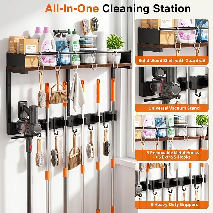 Broom Holder Wall Mount, Heavy Duty Broom and Mop Organizer Wall Hanging with Vacuum Stand, 5 Grippers & 10 Hooks, Utility Racks with Wood Shelf & Guard, Laundry Organization & Storage (L)