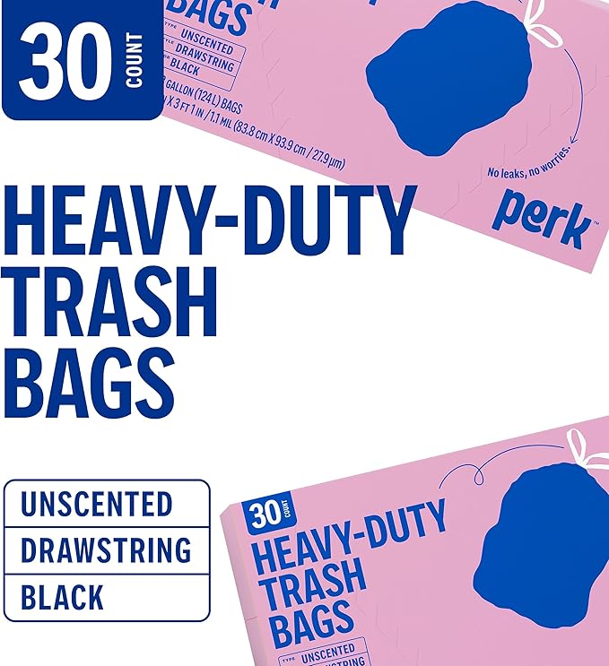 STAPLES PERK Black Kitchen Trash Bags, 33 Gallon Garbage Can Liners, Drawstring Closure, Great for Home, Office, Classroom, 30-Pack