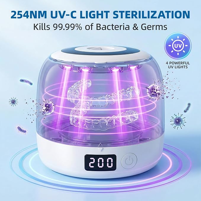 Dental Ultrasonic Retainer Cleaner Machine - 45kHz Separable Dental Cleaning Pod with Digital Timer & 200ML Tank - Professional Device for Dentures, Aligners, Mouth Guards, Braces, Jewelry