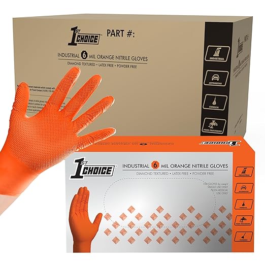 1st Choice 6 mil Orange Gloves, Disposable, Latex Free, Raised Diamond Grip, Mechanic Glove for Men, Medium, Case of 1000