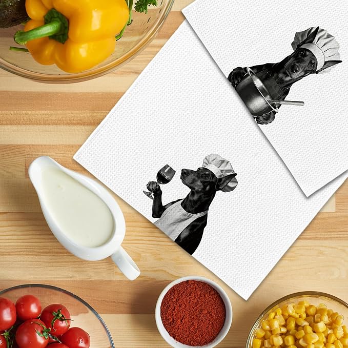 Funny Chef Doberman Kitchen Towels Set of 2, Doberman Dog Gifts for Women Dish Tea Towels for Kitchen, Dog Mom Lovers Owner Gifts Decorative Hand Towel, 16x24 Inch