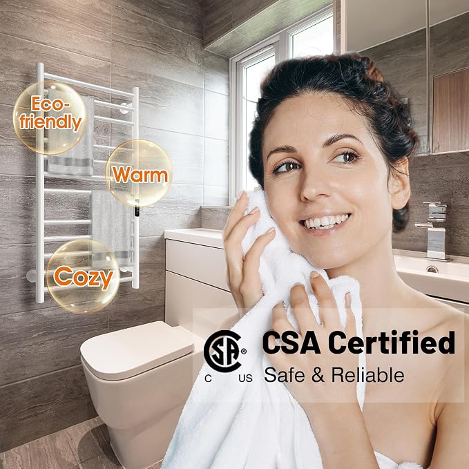 Poloma Wall Mounted Towel Warmer Rack for Bathrooms, Electric Heated Towel Rack Heater, Stainless Steel 12Bars White, CSA Certified.
