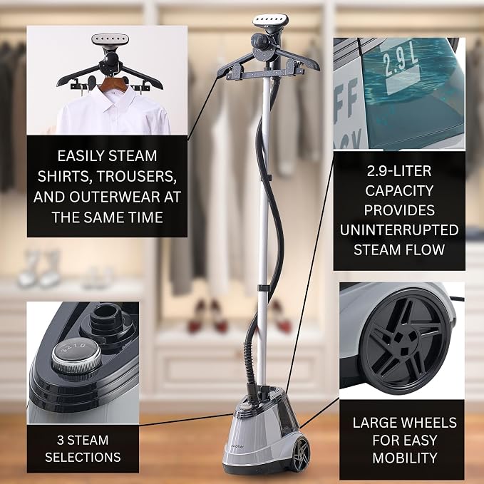 True & Tidy® Pro Heavy-Duty Commercial Full Size Garment Steamer for Clothes with 3 Steam Settings, Extra Large 3L (101 oz) Water Tank, 1800 watts, 90+min of Steam