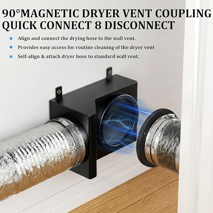 Magnetic Dryer Vent Coupler, 90 Degree Elbow Dryer Vent Connector Kit with Strong Magnetic Self-Connection, Stainless Steel Airtight Seal Dryer Venting Kit Includes 2.6ft 4IN Duct & Clamps