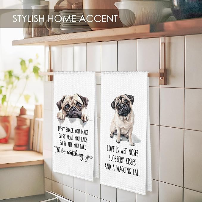 Pug Kitchen Towel Gifts for Dog Lovers Decorative Set of 2, Pug Dish Towels Dishcloths Tea Towels, Puggy Dog Waffle Weave Microfiber Hand Towel for Kitchen Bathroom Decor 16x24