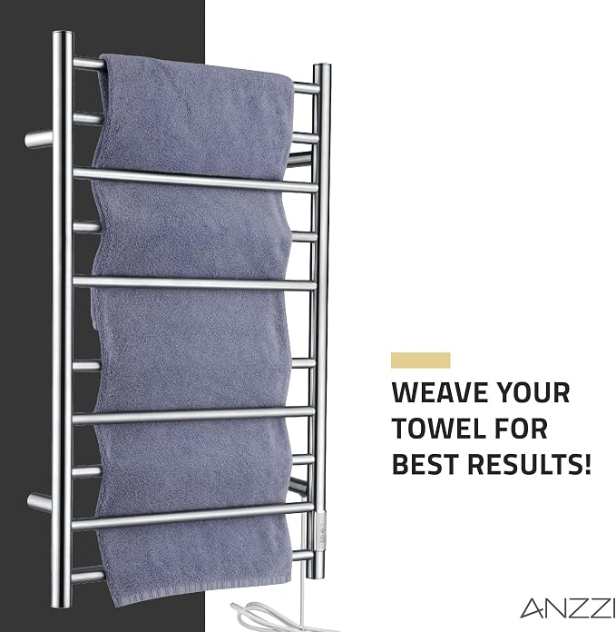 ANZZI Crete 10-Bar Stainless Steel Wall Mounted Towel Warmer Rack in Polished Chrome, 100W Quick Warming ETL Certified Tower Heater Rail, Hardwired Plug-in Towel Dryer, TW-WM104CH
