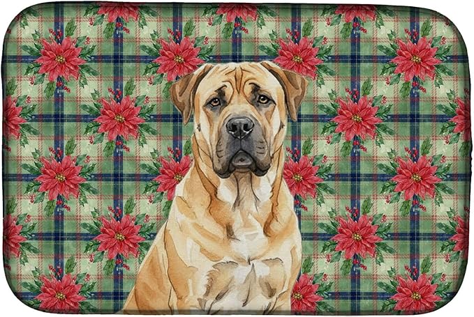 Caroline's Treasures Fawn Boerboel Christmas PoinsettIas Dish Drying Mat Absorbent Dish Drying Mat Pad for Kitchen Counter Dish Drainer Mat for Countertop, 14 x 21", Multicolor