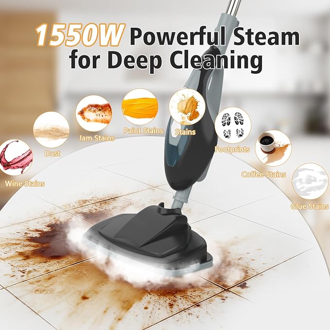 12 in 1 Steam Mop, Handheld Steam Cleaner with 2 Washable Pads, Floor Steamer for Hardwood and Tile, Multipurpose Floor Cleaner Machine for Carpets, Furniture, Windows, Black and Grey
