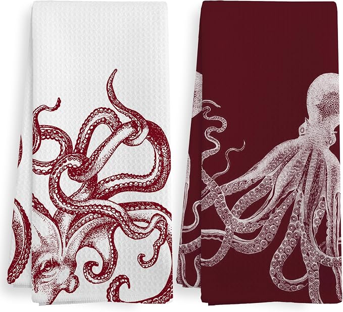 Coastal Red Octopus Beach Decor Dish Hand Tea Towels for Bathroom Kitchen, Octopus Ocean Nautical Beachy Bathroom Decor, Coastal Nautical Kitchen Towels and Dishcloths Sets of 2, 16x24 Inches