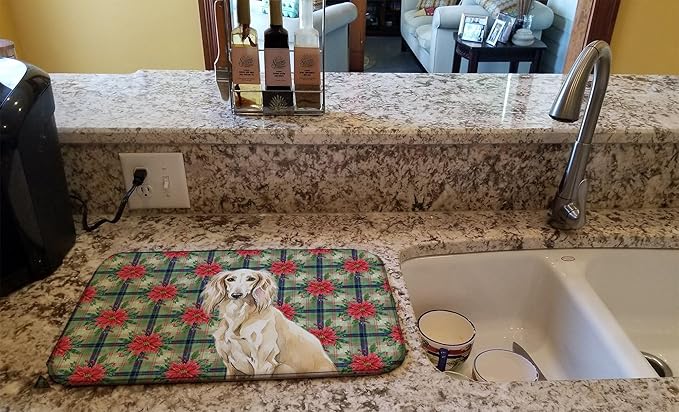 Caroline's Treasures Cream Saluki Christmas PoinsettIas Dish Drying Mat Absorbent Dish Drying Mat Pad for Kitchen Counter Dish Drainer Mat for Countertop, 14 x 21", Multicolor