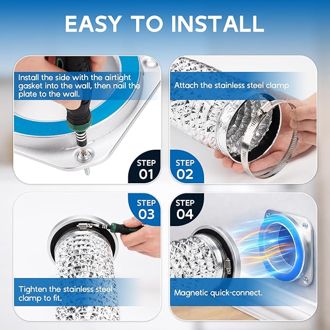 DV180 Magnetic Dryer Vent Coupling Connector Kit, Quick Connection, Airtight Seal, Easy to Clean, Universal Compatibility with Standard 4" Dryer Vent Systems, Includes 2.6ft Hose, 2 Clamps & Foil Tape