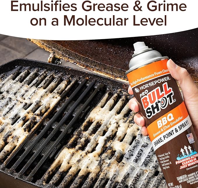 Bull Shot BBQ MAX Pro Super-Concentrated Foaming Grill Cleaner, AS SEEN ON TV, Made in USA, Shake, Point & Spray, Emulsifies Grease & Char on Grills, Stove Burners, Drip Pans & More