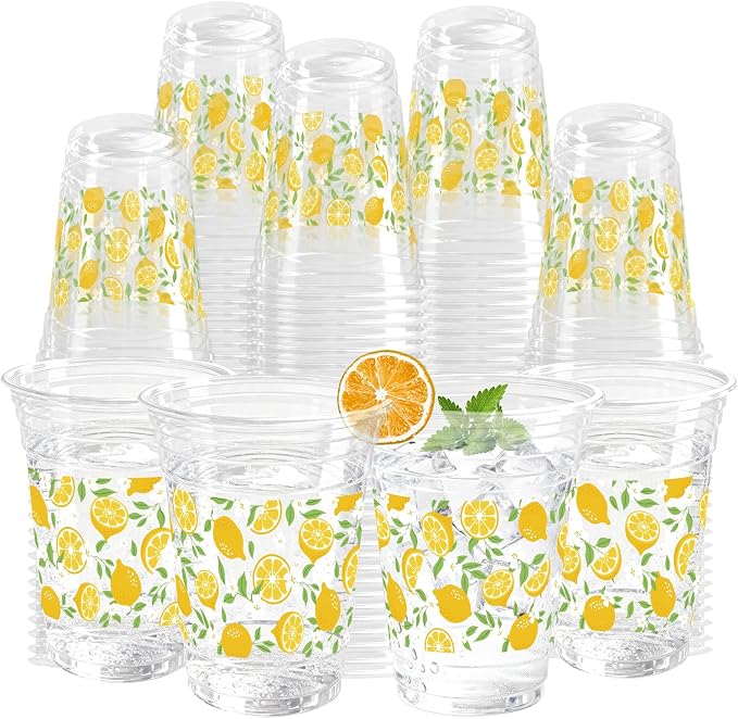 100 Pack Lemons Plastic Cups 16 oz Yellow White Fruit Flower Disposable Cup Clear Lemons Summer Spring Party Favor Drinking Cold Beverage Cup for Party Supplies Decorations