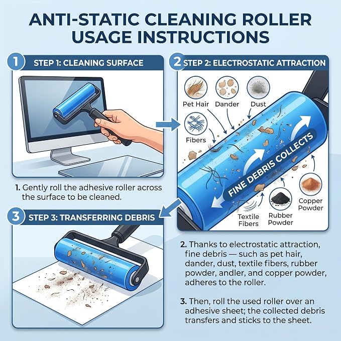 12 Inch Silicone Manual Roller Anti-Static Cleaner Tool,Under The Action of Static Electricity,Small Impurities Will be Adsorbed on The Drum