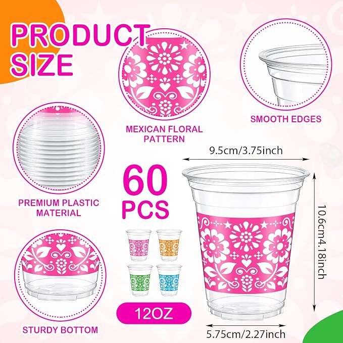 Tanlade 60 Pcs Fiesta Plastic Cups 12 oz Mexican Disposable Party Cups Cinco De Mayo Margarita Drinkware for Mexican Theme Birthday Taco Bar Birthday Wedding Party Supplies Decorations