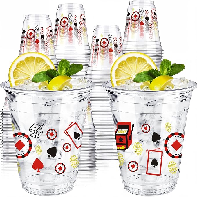 Uiifan 50 Pcs Casino Party Decorations Las Vegas Cups Casino Game Night Party Supplies 12 oz Poker Slot Machine Chips Disposable Plastic Shot Cups for Drinking Office Home Dice Vegas Birthday Favors