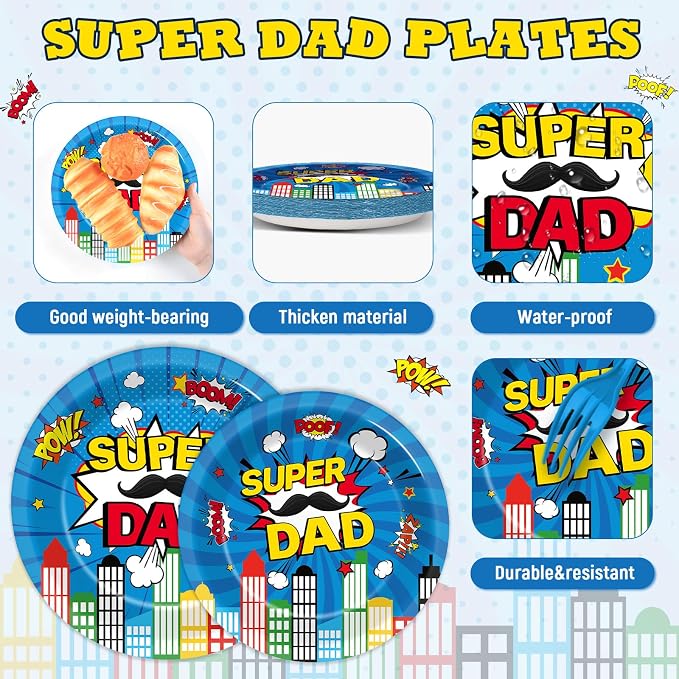 96Pcs Happy Fathers Day Paper Plates and Napkins Super Dad Party Decorations Super Theme Dessert Plates Hero Cityscape Birthday Tableware for 24 Guests Papa Grandpa Best Dad Daddy Men Party Supplies