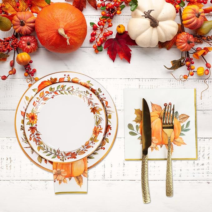 200Pcs Fall Paper Plates and Napkins Set,Thanksgiving and Pumpkin Plates Disposable Dinnerware,for Autumn Celebrations, Thanksgiving Day and Harvest Festival,Serve 50 Guests