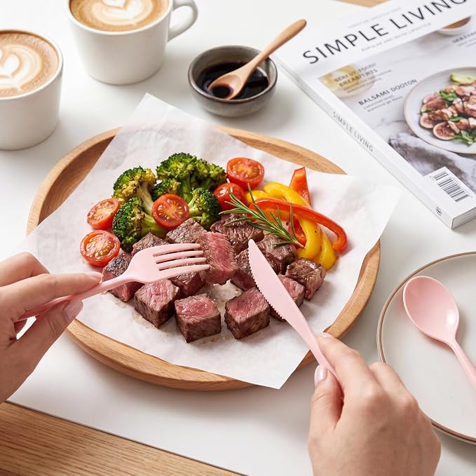 Supernal 180pcs Pink Plastic Silverware Heavy Duty Pink Party Disposable Cutlery Plastic Forks and Spoons Disposable Utensils Include 60 Forks,60 Knvies,60 Spoons for Wedding,Party or Daily Using
