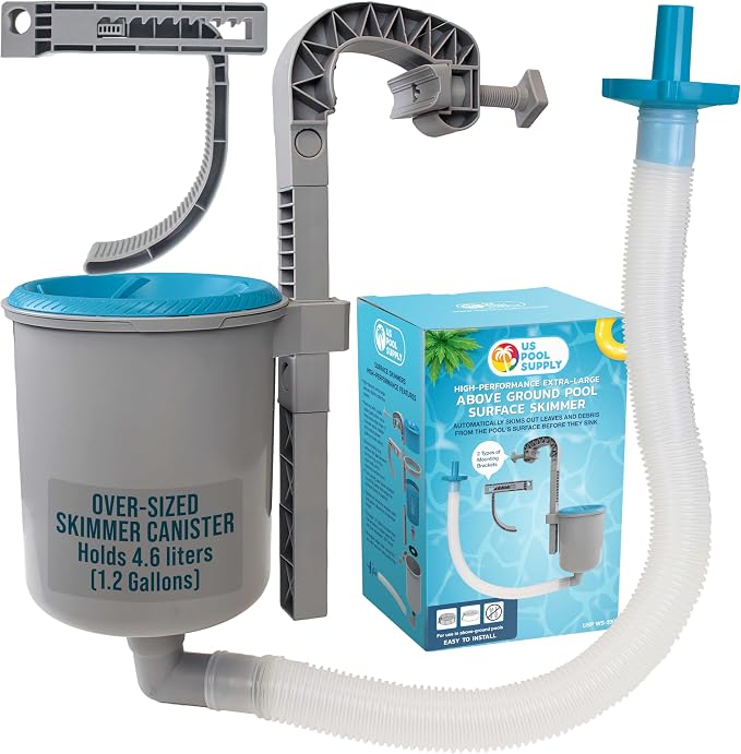 U.S. Pool Supply Above Ground Pool Skimmer, Wall Mount Surface Skimmer - Extra-Large Collection Basket, Automatically Skims Floating Leaves Debris, Attach to Inflatable Collars, Tubular, Metal Frames