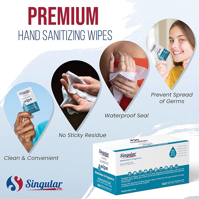 Hand Sanitizing Wipes Travel Size by Singular Wipes – 100ct Individually Wrapped | Fresh Citrus Scent, Moisturizing, 70% Alcohol Wipes | Travel, Office, School, Home