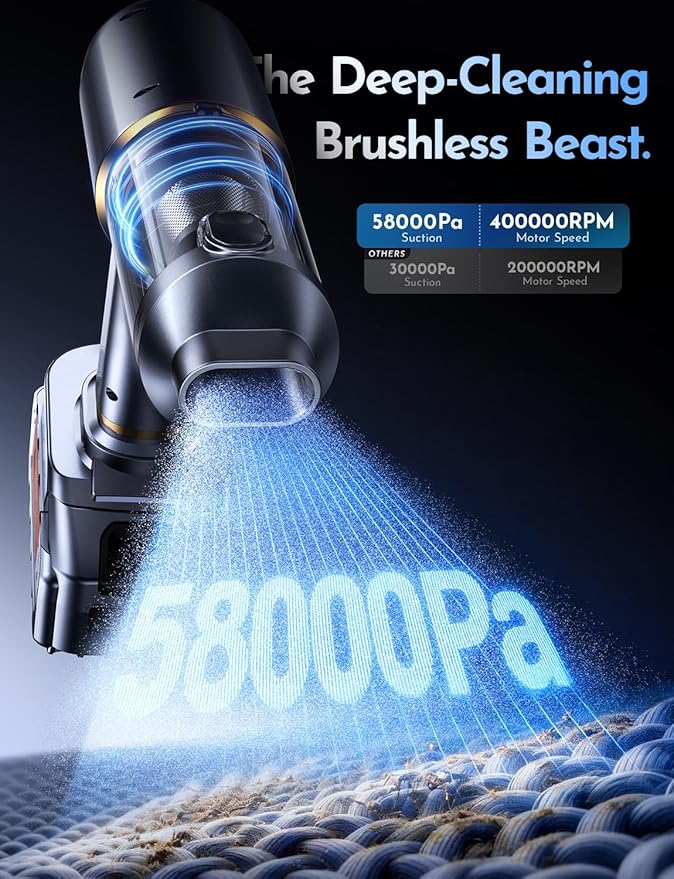 Cordless Vacuum Cleaner, 58000PA Handheld Vacuum Cordless, 9-in-1 Car Vacuum Portable Cordless for Detailing & Pet Hair, Powerful Rechargeable Vacuum Cleaner for Car, Keyboard & Couch.