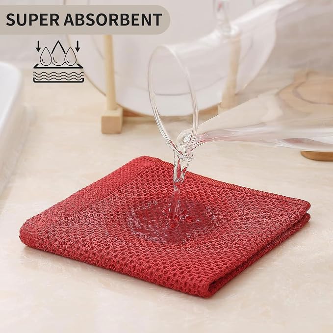 Kitinjoy 100% Cotton Kitchen Dish Cloths (12 X 12 Inches, Brick Red), 8 Pack Waffle Weave Ultra Soft Absorbent Dish Towels for Drying Dishes Quick Drying Kitchen Towels Dish Rags