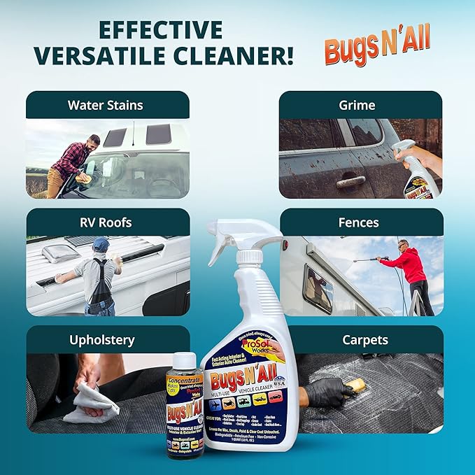 Bugs N' All Multi Surface Cleaner Spray Concentrate 4 oz. w/Empty Cleaning Spray Bottle 32 oz. & Bug Sponge for Car Washing - Mutli-Vehicle Cleaning - Bug & Tar Remover for all Vehicles