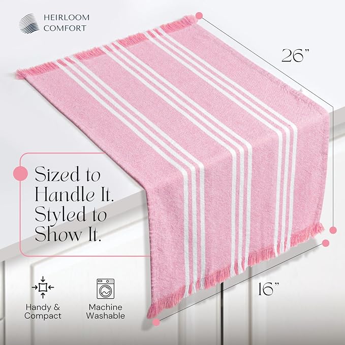 Rose Pink Monochrome Stripe Kitchen Towels 12 Pack, 16x26 Inch, 100% Cotton, Super Absorbent & Quick Dry, Durable, Fringed Dish Towel for Drying Dishes, Washable, Everyday Use