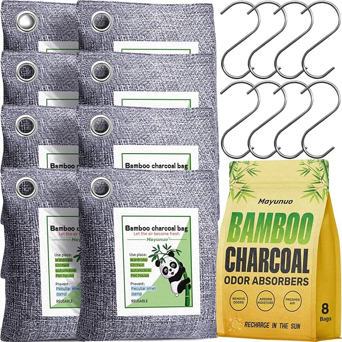 Activated Charcoal Odor Absorber for Strong Odor, Basement, Cars, Closets, Shoes, Smoke. 8 Pack Bamboo Charcoal Air Purifying Bags Deodorizer Odor Eliminator for Home