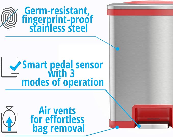 Halo TapCan 13 Gallon Effortless One-Tap Pedal Sensor Trash Can with Odor Filter and AC Adapter-Stainless Steel with Red Trim, Kitchen and Office Garbage Bin (TC13SRAC)
