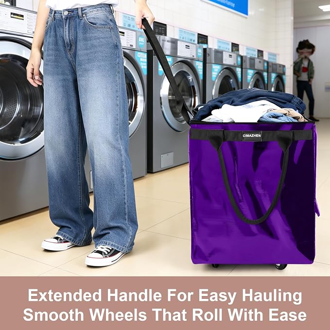 (Medium,Purple) Reusable Grocery Bag on 4 Wheels, 70L Foldable Rolling Tote Bag with 3 Handles and Zipper, Rolling Shopping Cart for Groceries, Storage, Laundry, Travel, Organizer, 76lb