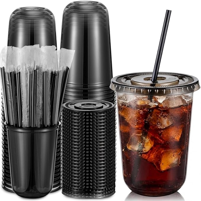 Ziliny 25 Set Black Plastic Cups with Lids and Straws, Disposable Iced Coffee PET Cups for Drinking Cold Beverage Juice Parfait Smoothie Milkshake Coffee Shops Party Supplies (16 oz)