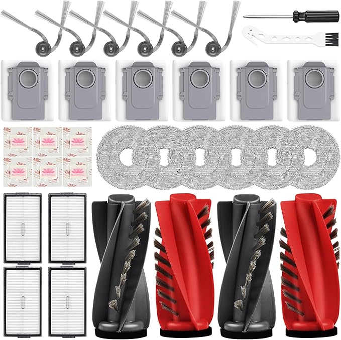 Replacement Kit for Roborock Saros 10R/Saros 20/Qrevo CurvX/G20s Ultra Robot Vacuum, 4 Main Brushes, 4 Filters, 6 Mop Pads, 6 Dust Bags & Scented Tablets, 6 Side Brushes, 1 Cleaning Brush