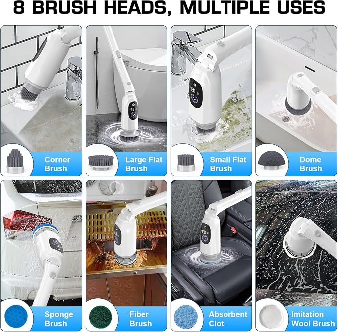 Electric Spin Scrubber, 200Mins Runtime Bathroom Scrubber with 3-Speed & LCD Display, Full-Body IPX7 Shower Scrubber with 8 Heads for Bathtub Kitchen Floor Grout, 53IN Extendable Handle