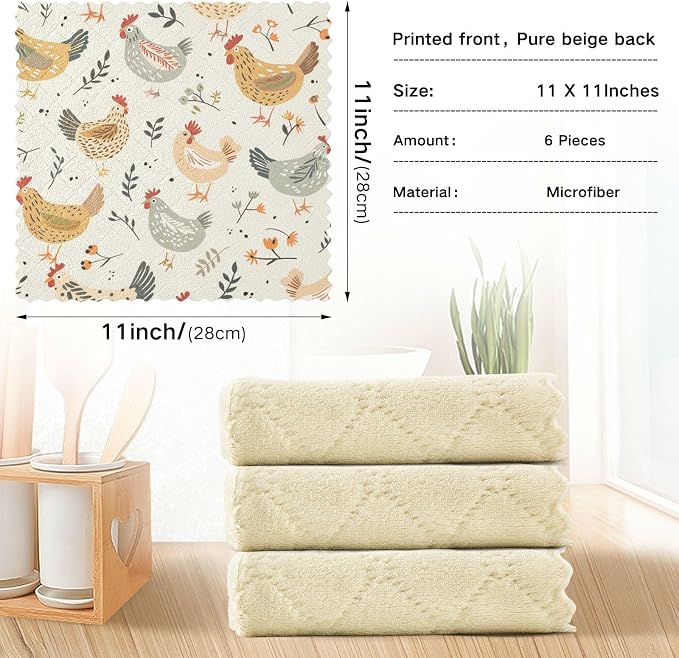 Flower Rooster Plant Kitchen Towels Dish Cloths Set of 6 Microfiber Cleaning Cloths for Cars Super Absorbent Machine