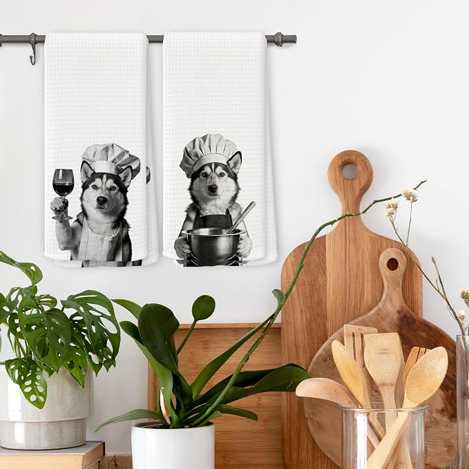Funny Chef Husky Kitchen Towels Set of 2, Husky Dog Gifts for Women Dish Tea Towels for Kitchen, Dog Mom Lovers Owner Gifts Decorative Hand Towel, 16x24 Inch