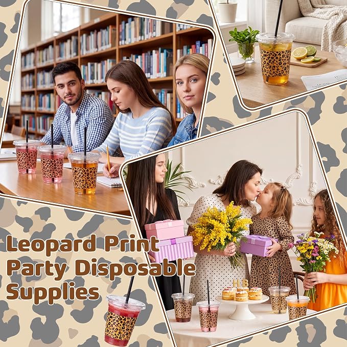 Domensi 25 Sets Leopard Print Plastic Cups with Lids and Paper Straws 12oz Cheetah Animal Disposable Drinking Cups Bulk for Cold Drinks Baby Shower Wedding Jungle Leopard Theme Birthday Party Supplies