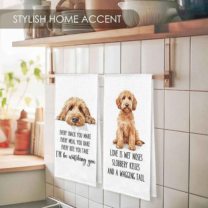 Goldendoodle Kitchen Towel Gifts for Dog Lovers Decorative Set of 2, Golden Doodle Dish Towels Tea Towels Dishcloths, Doodle Microfiber Waffle Weave Hand Towel for Kitchen Bathroom Decor 16x24
