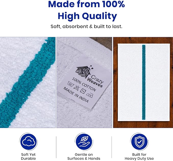 Bar Mops Pack of 24 (14" x 19") - 100% Cotton Cleaning Rags for Housekeeping - Thick, Absorbent & Reusable Bar Towels for Cleaning House & Restaurant - Kitchen Towels Bulk (Green Stripe)
