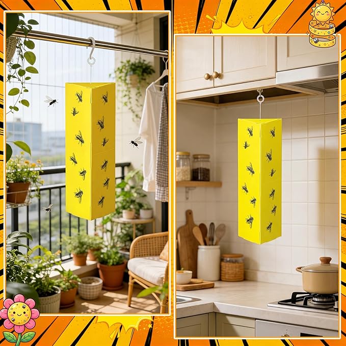 50 Pack Sticky Fly Traps, Yellow Gnat Killer with 3D Foldable Design, Non-Toxic Odorless Bug Catcher with Hook for Indoor Outdoor Flies, Mosquitoes, Moths, Whiteflies, 9.84 x 3.54 x 2.56 Inch