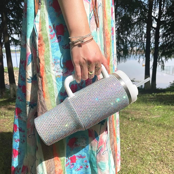 40oz Bling Tumbler with Handle and Straw Lid Rhinestone Studded Tumbler Cups Vacuum Insulated Stainless Steel Double Wall Water Bottle Travel Mug Gifts for Women Her (Polar Light)