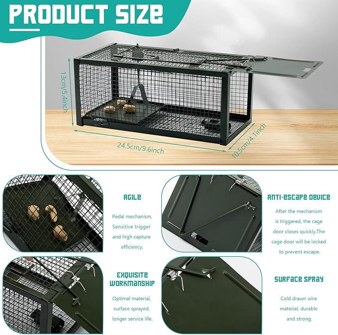 Qualirey 2 Pcs Live Rat Trap Humane Mouse Trap Mice Rat Cage Work for Small Animal Indoor and Outdoor Mouse Voles Hamsters Catch and Release(Green)