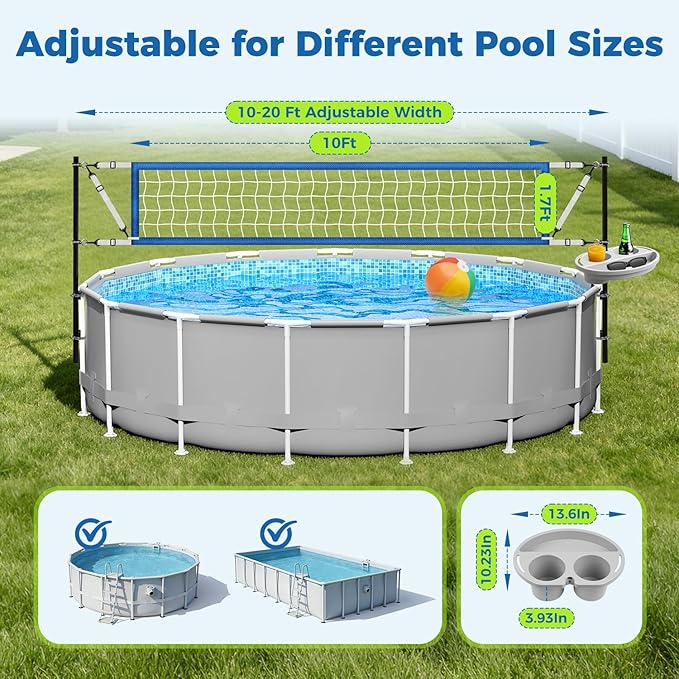 Above Ground Pool Volleyball Net Set with Storage Tray – Adjustable 10-20FT Anti-Sag Net, Poles, Ball & Installation Accessories – Fun Outdoor Swimming Water Games for Kids Adults Family