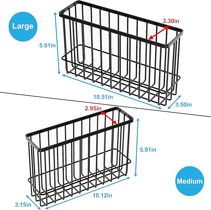 Cabinet Door Organizer Basket 2 Pack, Foil and Plastic Wrap Organizer with 2 Sponges, Lid Organizers Inside Cabinet, Metal Basket for Kitchen Organizers and Storage, Utility, Black (Medium,Large)