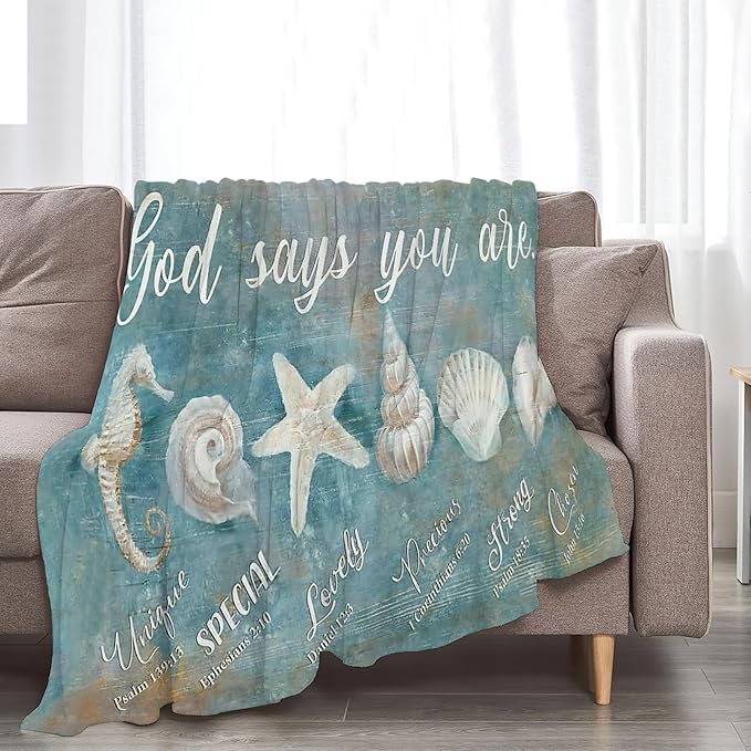 Tijuboni Ocean Seashells Throw Blanket - God Says You are - Beach Nautical Gifts for Women Men Girls Boys Kids Adults Soft Flannel Fleece Blanket for Couch Sofa Bed Home Decor 50"x60"