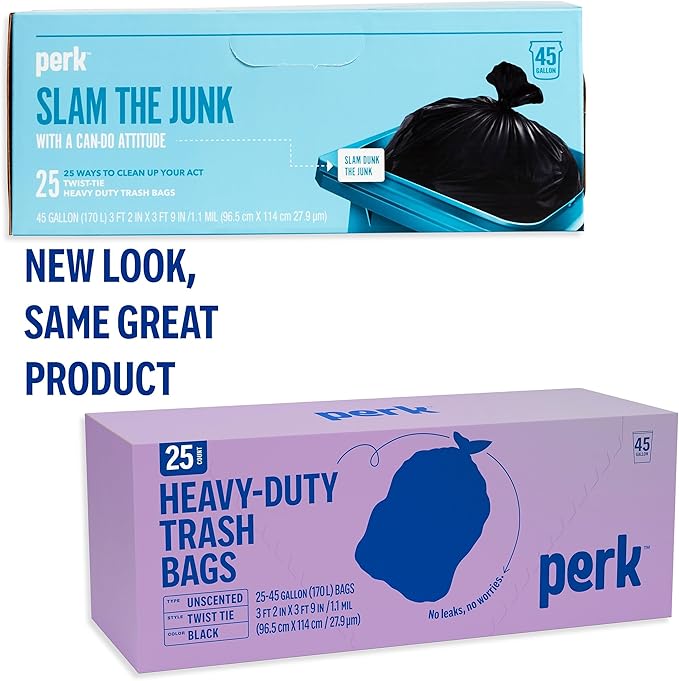 PERK Black 45 Gallon Trash Bag, Low Density 1.1 Mil