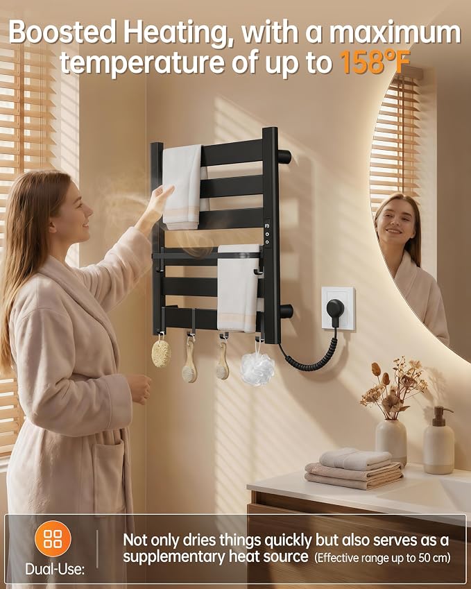 6-Bar Wall-Mounted Heated Towel Rack – Fast PTC Heating in 6 Minutes, Adjustable Temperature & Timer, Space Aluminum, Matte Black, Large Capacity Blanket Warmer,Towel Warmer for Family Bathrooms